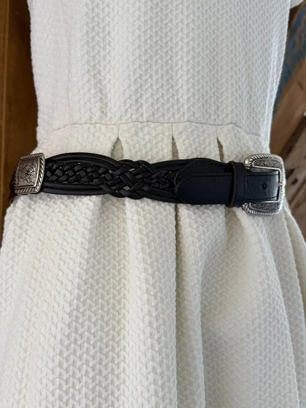 Vintage boho silver medallions genuine leather woven belt Sz S edelweiss